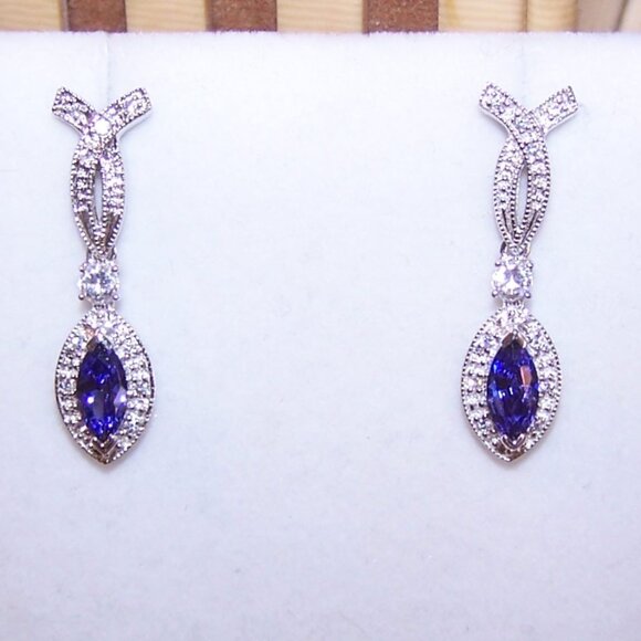 Sterling Silver Cubic Zirconia Dangle Earrings - Posts with Nuts - Picture 2 of 8